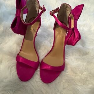 Express Fuchsia Satin Bow Heels